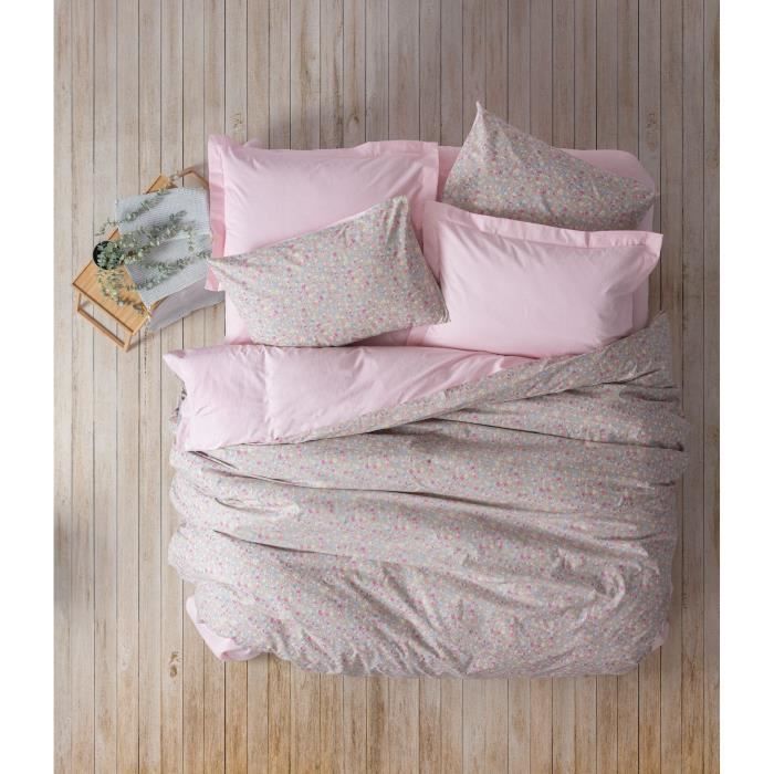 Parure de lit - 1 housse de couette 220 x 240 cm + 2 taies d'oreiller 60 x 60 cm - 100% coton renforcé - Rose