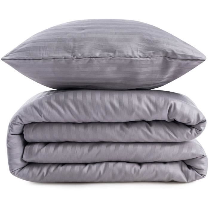 Parure de lit - 1 housse de couette 220 x 240 cm + 2 taies d'oreiller 60 x 60 cm - 80% coton, 20% polyester - Gris