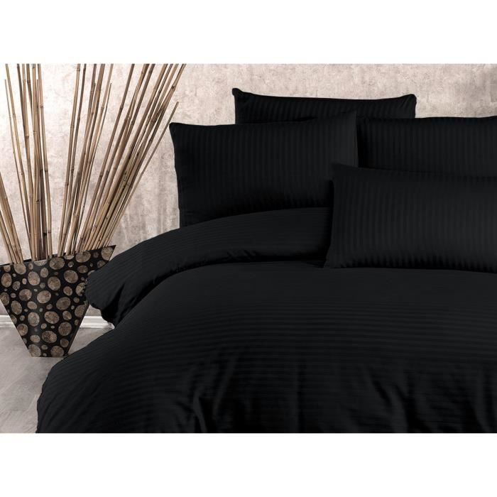 Parure de lit - 1 housse de couette 220 x 240 cm + 2 taies d'oreiller 60 x 60 cm - 80% coton, 20% polyester - Noir