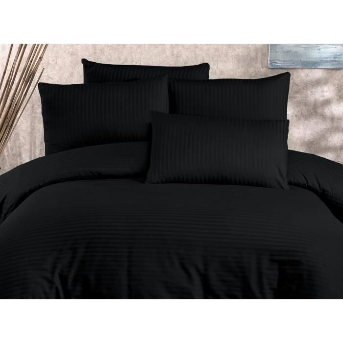 Parure de lit - 1 housse de couette 220 x 240 cm + 2 taies d'oreiller 60 x 60 cm - 80% coton, 20% polyester - Noir