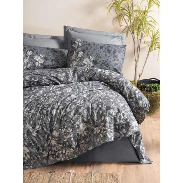 Parure de lit - 1 housse de couette 220 x 240 cm + 2 taies d'oreiller 60 x 60 cm - 100% coton renforcé - Anthracite