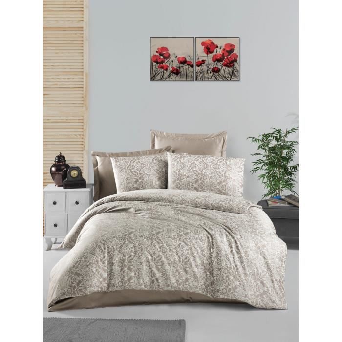 Parure de lit - 1 housse de couette 220 x 240 cm + 2 taies d'oreiller 60 x 60 cm - Satiné 100% coton - Cappuccino