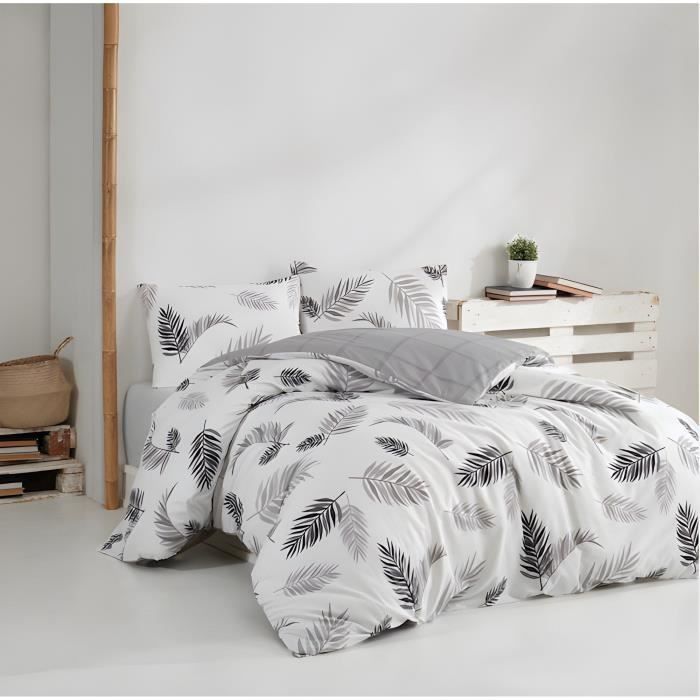 Parure de lit - 1 housse de couette 220 x 240 cm + 2 taies d'oreiller 60 x 60 cm - 100% coton renforcé - Gris
