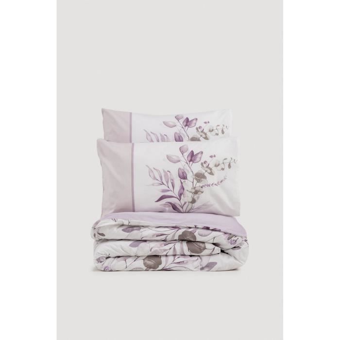 Parure de lit - 1 housse de couette 220 x 240 cm + 2 taies d'oreiller 60 x 60 cm - 100% coton renforcé - Lilas