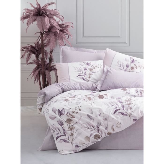 Parure de lit - 1 housse de couette 220 x 240 cm + 2 taies d'oreiller 60 x 60 cm - 100% coton renforcé - Lilas