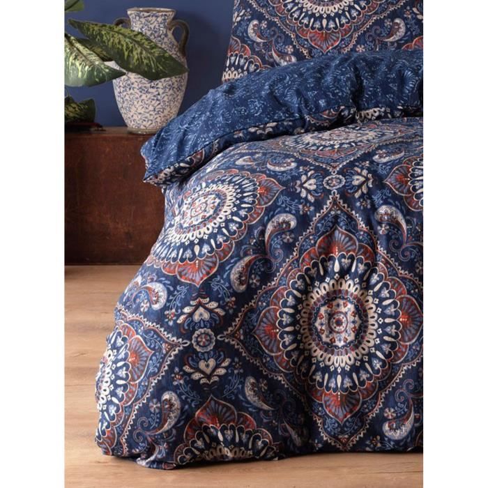 Parure de lit - 1 housse de couette 220 x 240 cm + 2 taies d'oreiller 60 x 60 cm - 65% coton, 35% polyester - Bleu