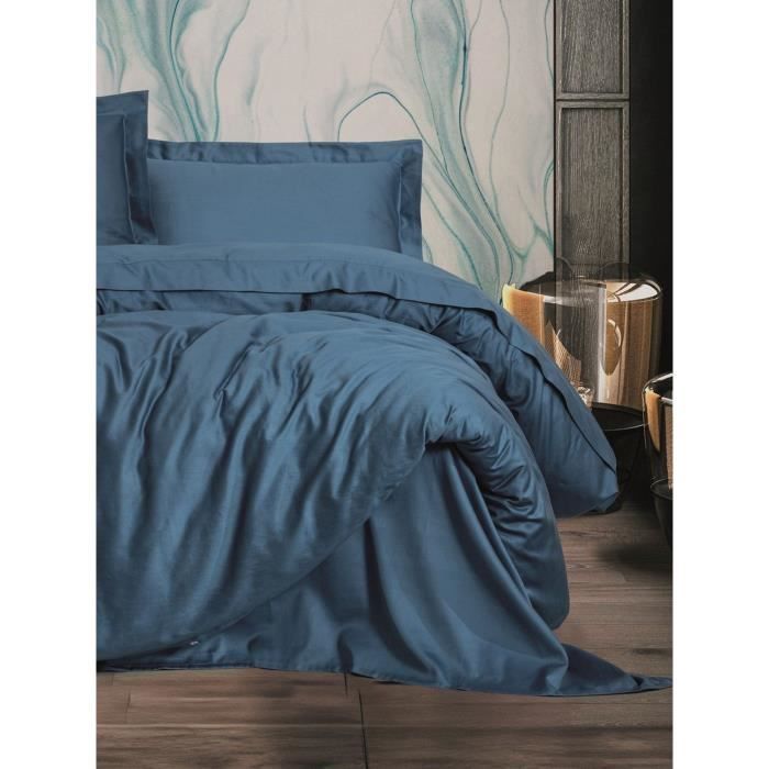 Parure de lit - 1 housse de couette 220 x 240 cm + 2 taies d'oreiller 60 x 60 cm - Satiné 100% coton - Bleu