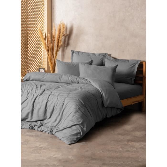 Parure de lit - 1 housse de couette 220 x 240 cm + 2 taies d'oreiller 60 x 60 cm - 100% coton renforcé - Gris