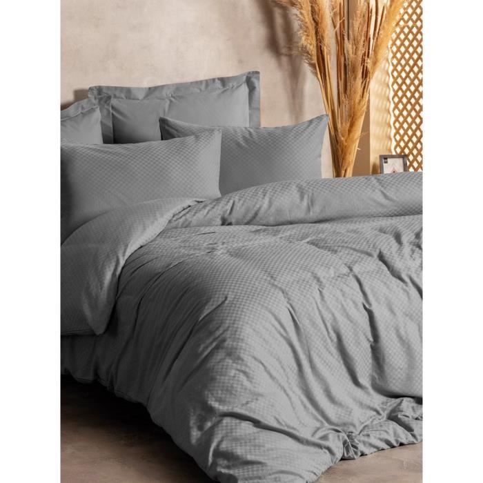 Parure de lit - 1 housse de couette 220 x 240 cm + 2 taies d'oreiller 60 x 60 cm - 100% coton renforcé - Gris