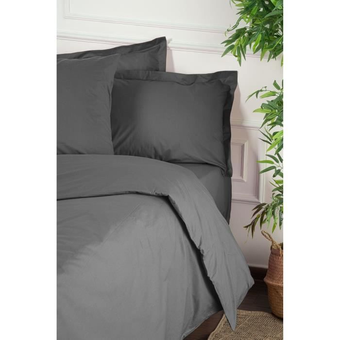Parure de lit - 1 housse de couette 220 x 240 cm + 2 taies d'oreiller 60 x 60 cm - 100% coton renforcé - Anthracite