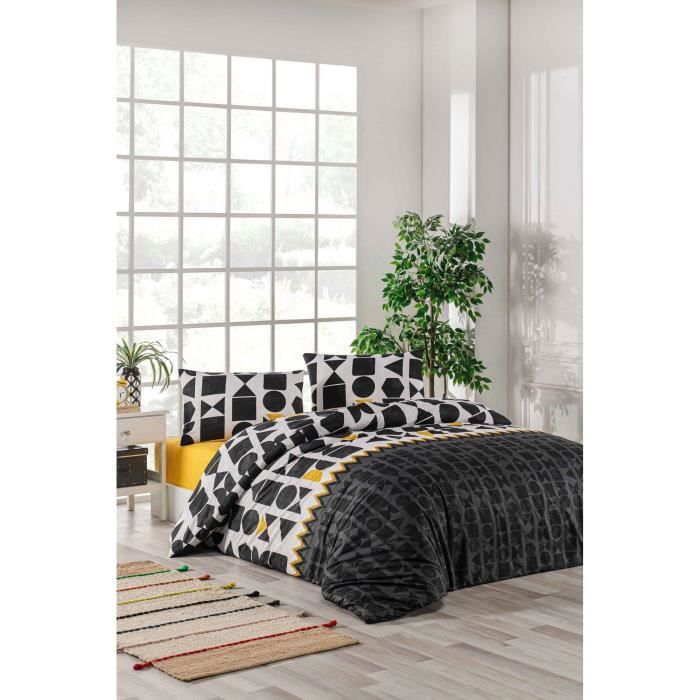 Parure de lit - 1 housse de couette 220 x 240 cm + 2 taies d'oreiller 60 x 60 cm - 100% coton renforcé - Noir