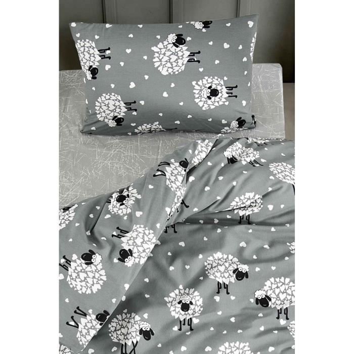 Parure de lit - 1 housse de couette 220 x 240 cm + 2 taies d'oreiller 60 x 60 cm - 65% coton, 35% polyester - Gris