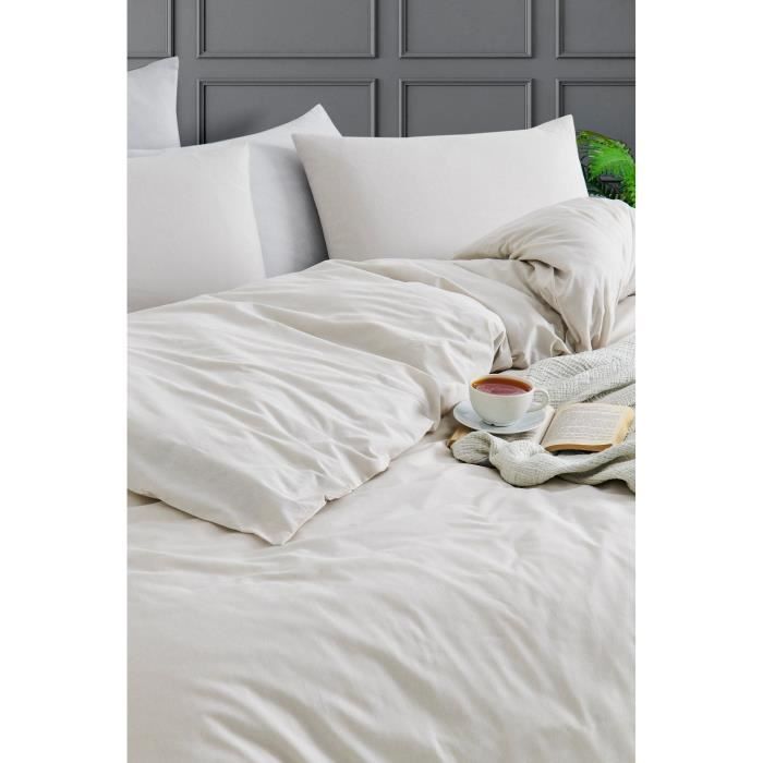 Parure de lit - 1 housse de couette 220 x 240 cm + 2 taies d'oreiller 60 x 60 cm - 70% coton, 30% polyester - Beige