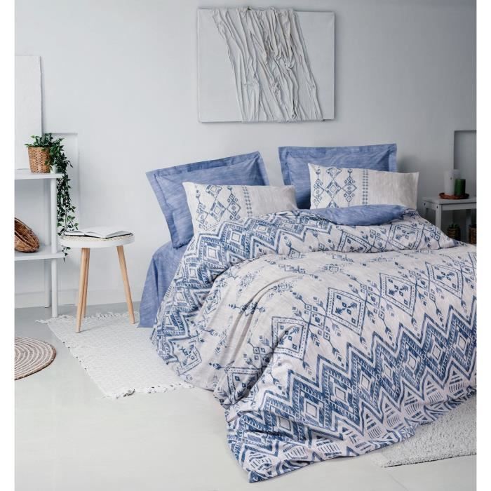 Parure de lit - 1 housse de couette 220 x 240 cm + 2 taies d'oreiller 60 x 60 cm - 100% coton renforcé - Bleu