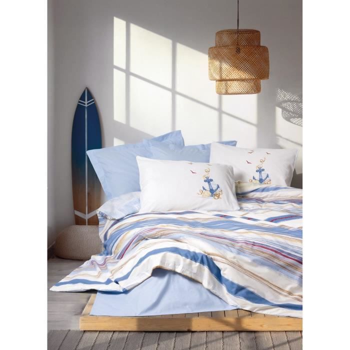 Parure de lit - 1 housse de couette 220 x 240 cm + 2 taies d'oreiller 60 x 60 cm - 100% coton renforcé - Bleu