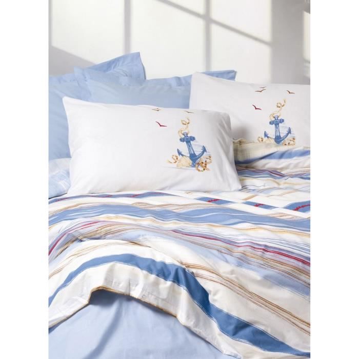 Parure de lit - 1 housse de couette 220 x 240 cm + 2 taies d'oreiller 60 x 60 cm - 100% coton renforcé - Bleu