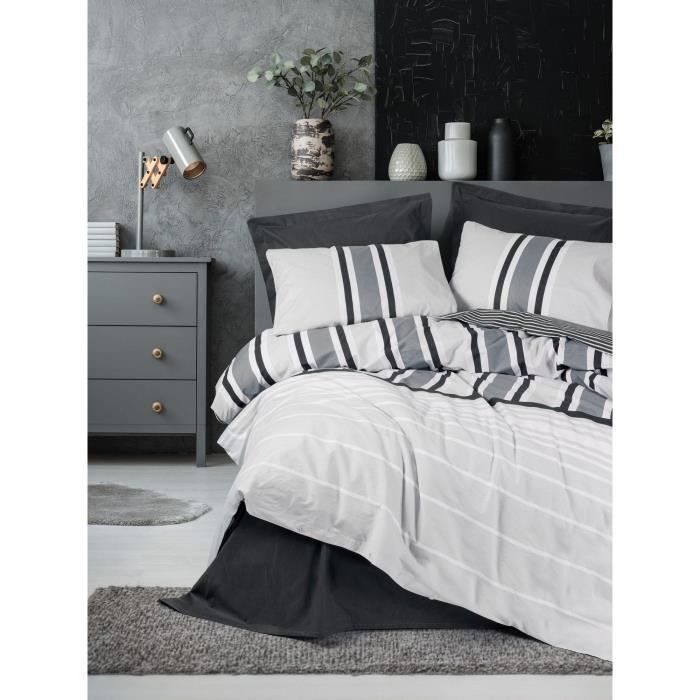 Parure de lit - 1 housse de couette 220 x 240 cm + 2 taies d'oreiller 60 x 60 cm - 100% coton renforcé - Anthracite