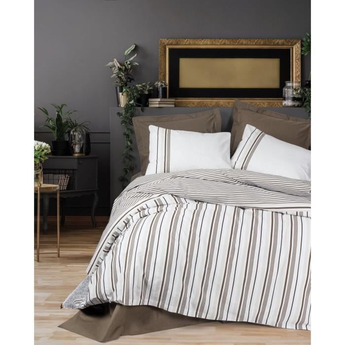 Parure de lit - 1 housse de couette 220 x 240 cm + 2 taies d'oreiller 60 x 60 cm - 100% coton renforcé - Brun