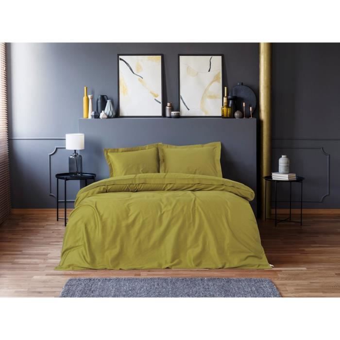 Parure de lit - 1 housse de couette 220 x 240 cm + 2 taies d'oreiller 60 x 60 cm - Satiné 100% coton - Vert
