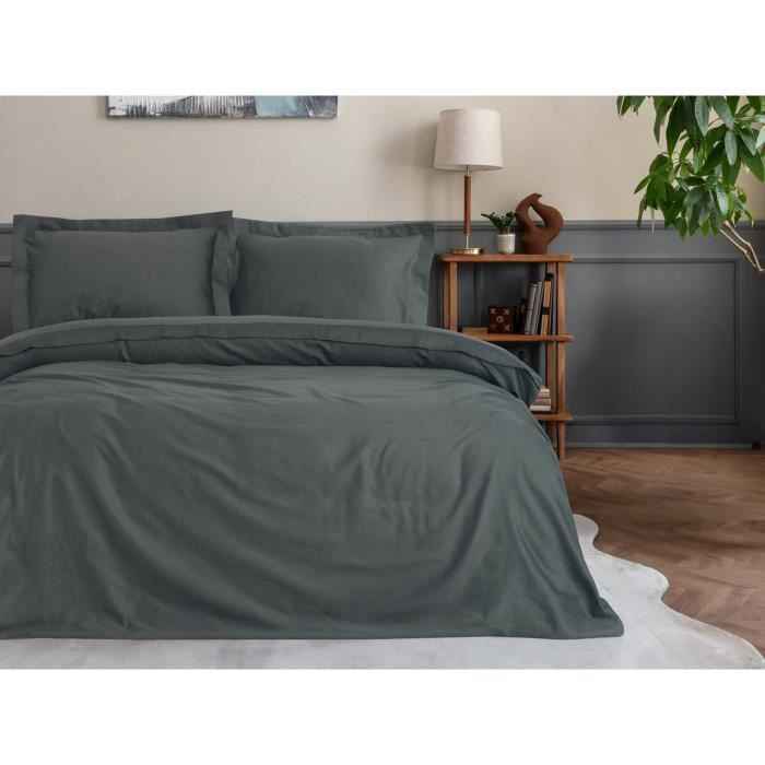 Parure de lit - 1 housse de couette 220 x 240 cm + 2 taies d'oreiller 60 x 60 cm - Satiné 100% coton - Anthracite