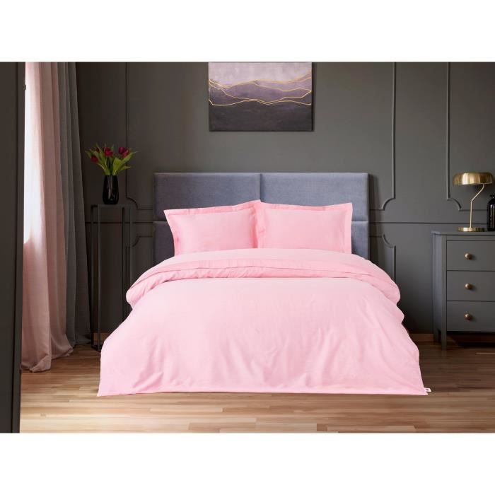 Parure de lit - 1 housse de couette 220 x 240 cm + 2 taies d'oreiller 60 x 60 cm - Satiné 100% coton - Rose