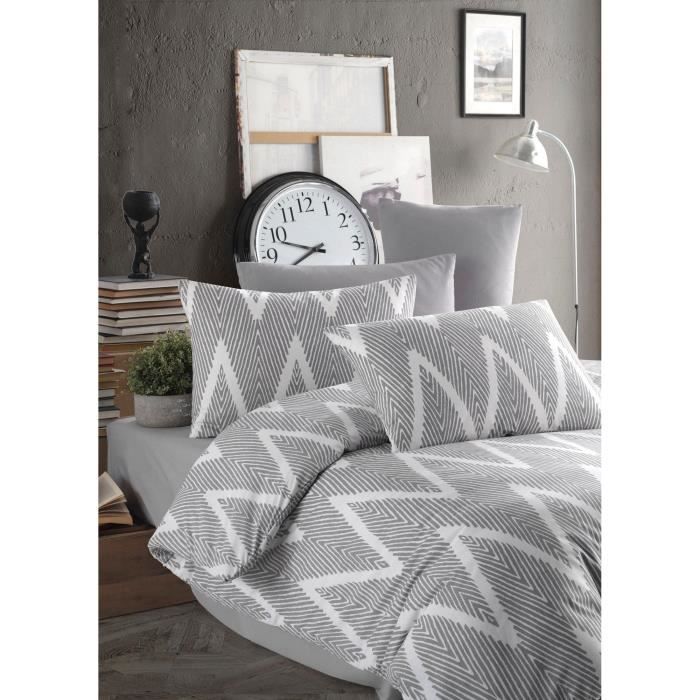 Parure de lit - 1 housse de couette 220 x 240 cm + 2 taies d'oreiller 60 x 60 cm - 65% coton, 35% polyester - Gris