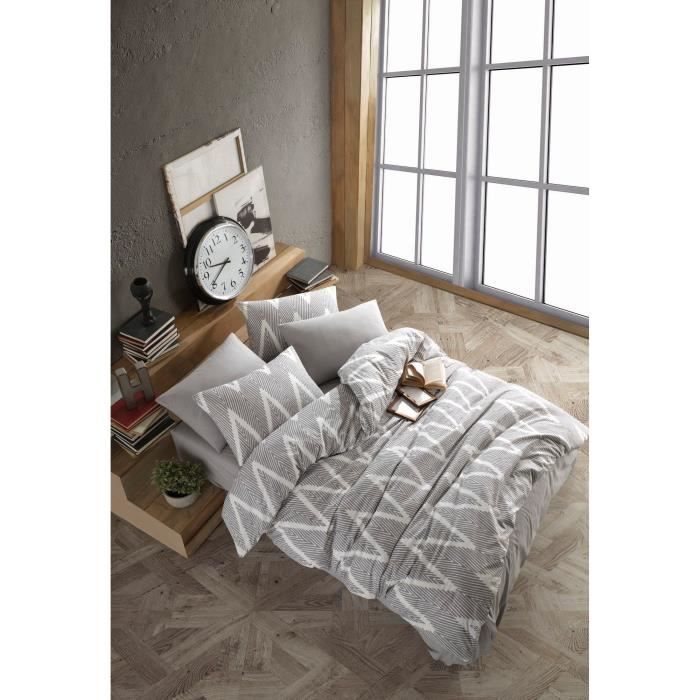 Parure de lit - 1 housse de couette 220 x 240 cm + 2 taies d'oreiller 60 x 60 cm - 65% coton, 35% polyester - Gris
