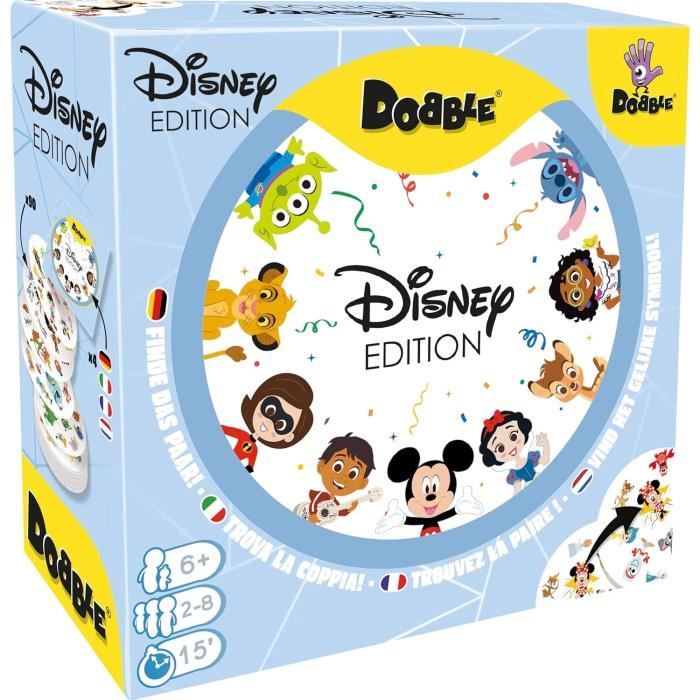 DOBBLE Disney, Jeu de cartes rapide et amusant pour enfants des 6 ans, avec Héros Disney, 5 Mini Jeux, 2 a 8 joueurs, Asmodee