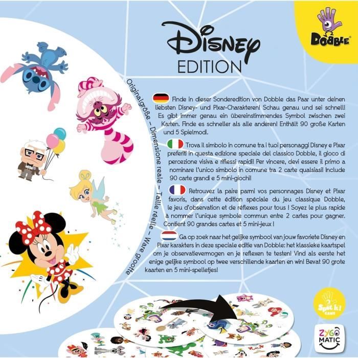 DOBBLE Disney, Jeu de cartes rapide et amusant pour enfants des 6 ans, avec Héros Disney, 5 Mini Jeux, 2 a 8 joueurs, Asmodee
