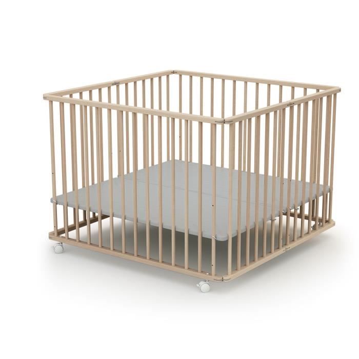 Parc pliant carré - WEBABY - CALI - 100 x 100 cm - 4 roulettes - Jusqu'a 24 mois - Hetre brut