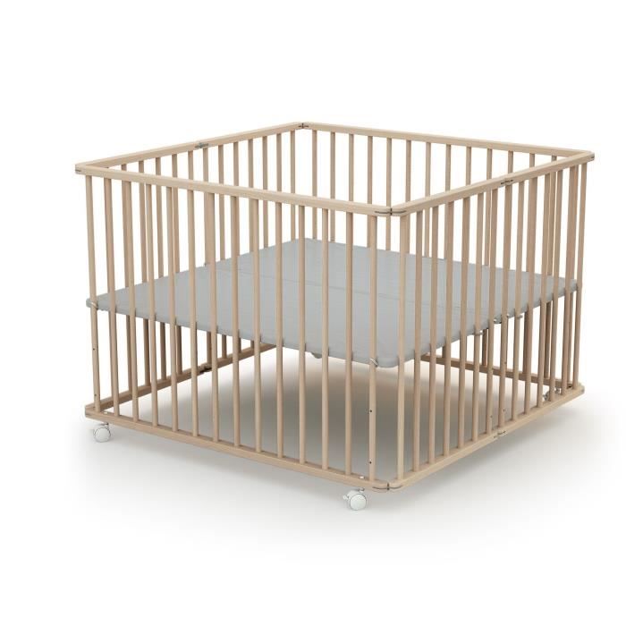 Parc pliant carré - WEBABY - CALI - 100 x 100 cm - 4 roulettes - Jusqu'a 24 mois - Hetre brut