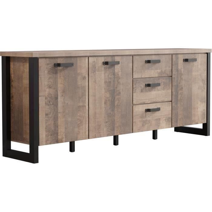 Buffet EMILE - MÈlamine chene brun tabac et noir mat - 3 Portes + 3 Tiroirs - L214 x P45 x H86 cm - TRENDTEAM