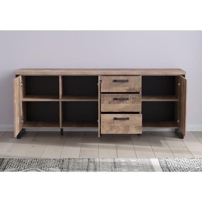 Buffet EMILE - MÈlamine chene brun tabac et noir mat - 3 Portes + 3 Tiroirs - L214 x P45 x H86 cm - TRENDTEAM