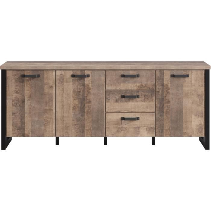 Buffet EMILE - MÈlamine chene brun tabac et noir mat - 3 Portes + 3 Tiroirs - L214 x P45 x H86 cm - TRENDTEAM