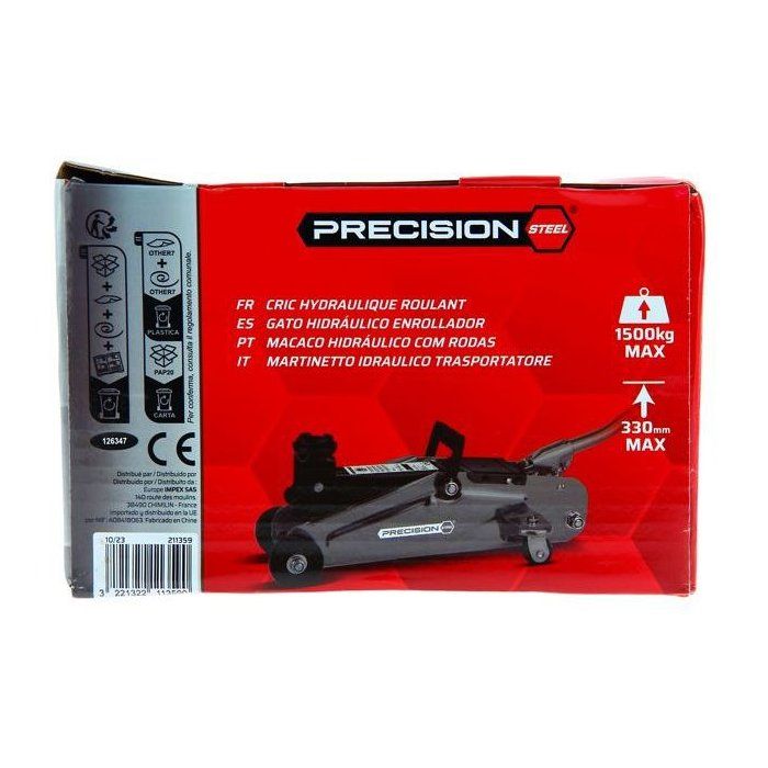 Cric hydraulique rouleur 1,5T - PRECISION STEEL - Levage de 135 mm a 330 mm