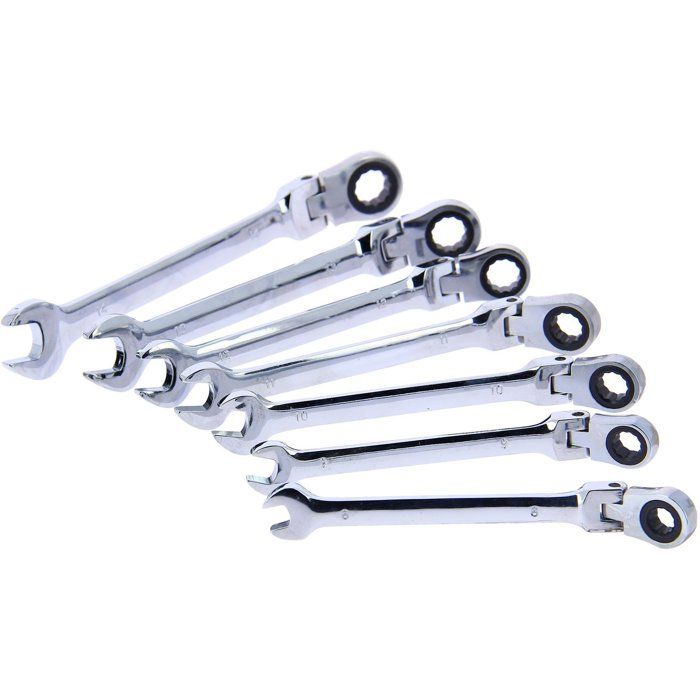 Jeu de 7 Clés mixtes a cliquet - PRECISION STEEL - 8 / 9 / 10 / 11 / 12 / 13 / 14 - Clé a fourche, avec oeil inclinable a 180°