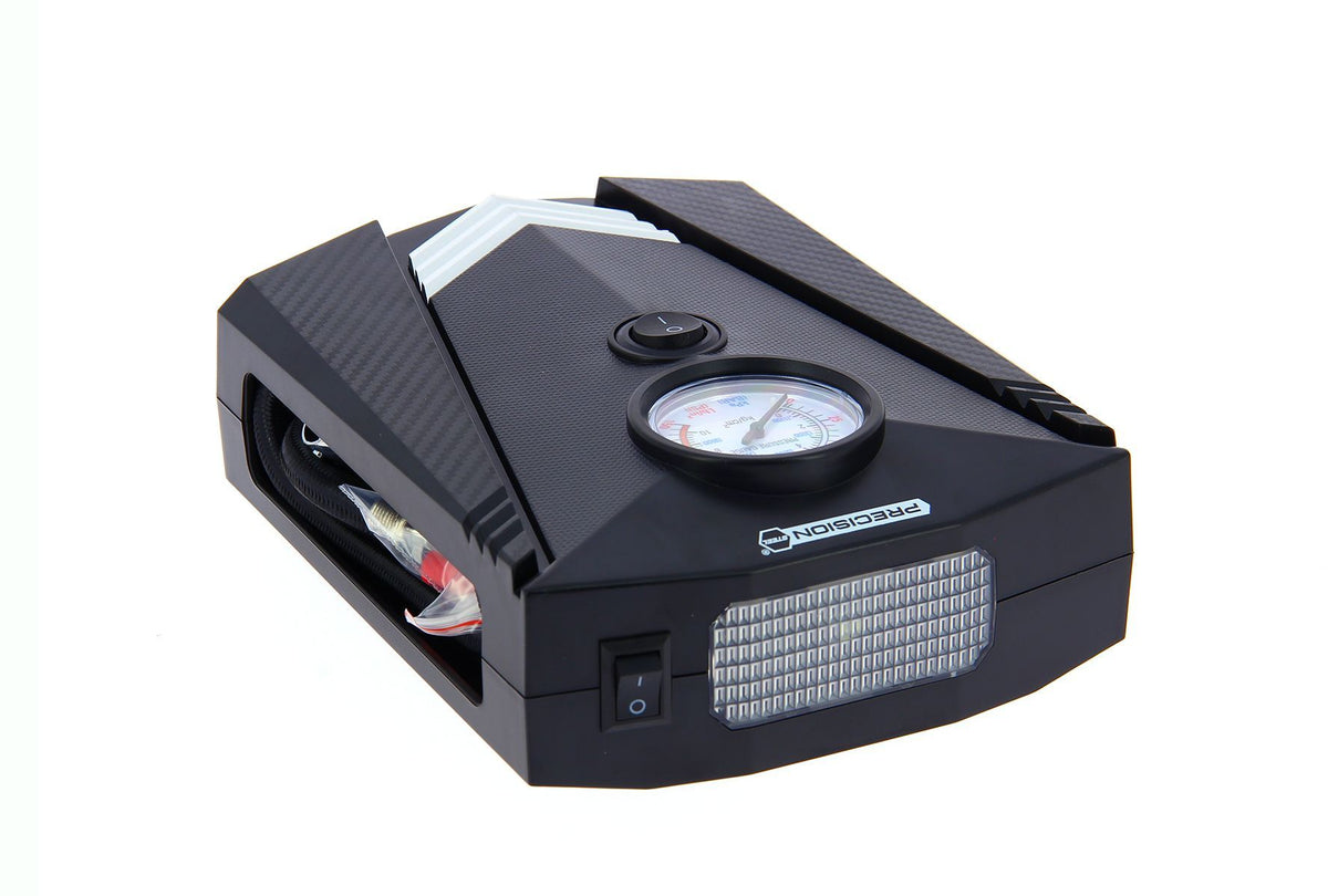 Mini compresseur 12V - PRECISION STEEL - 8 Bars - Embouts Presta - Schrader - Aiguille - Longueur 3m - 100 W - Torche LED