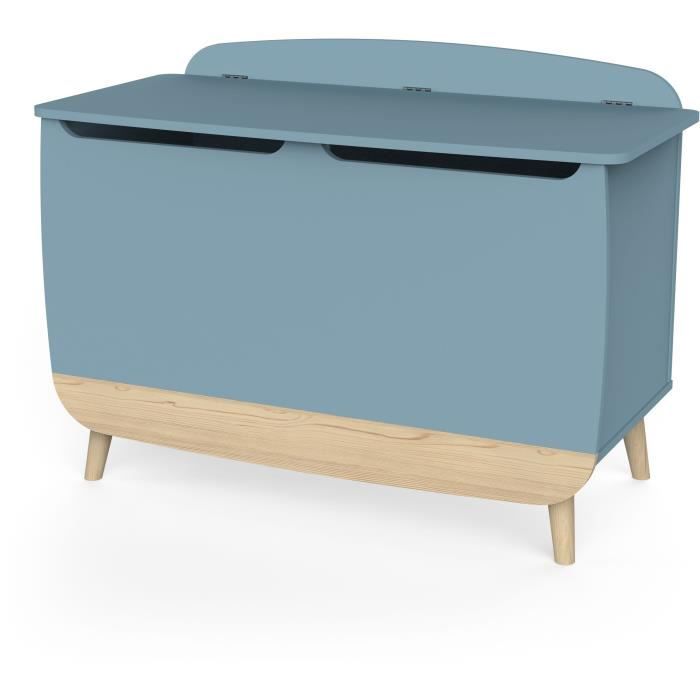 Coffre a jouets - FIRMIANA - style scandinave - Bleu orage et bois naturel - 82,4 x 39,1 x 58,9 cm - DEMEYERE