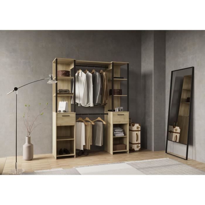Dressing double - L160 x P50x H200 cm - Décor chene et noir - DEMEYERE