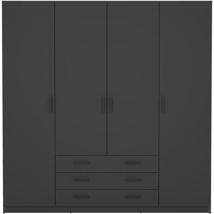 Armoire VEGA - Décor Gris anthracite - 4 portes + 3 tiroirs - L 195,5 x P 49,6 x H 200,4 cm