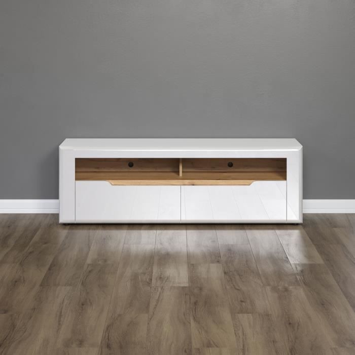 Meuble TV - Marlon - Elégance - En panneaux de particules - Blanc mat / blanc ultra-brillant - 150 x 51 x 40 cm - Trendteam