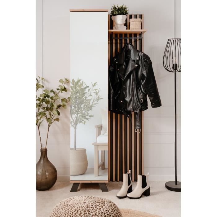 Vestiaire d'entrée avec rangements et miroir - L80 x P37 x H189,6 cm - décor chene et noir - MEDAN
