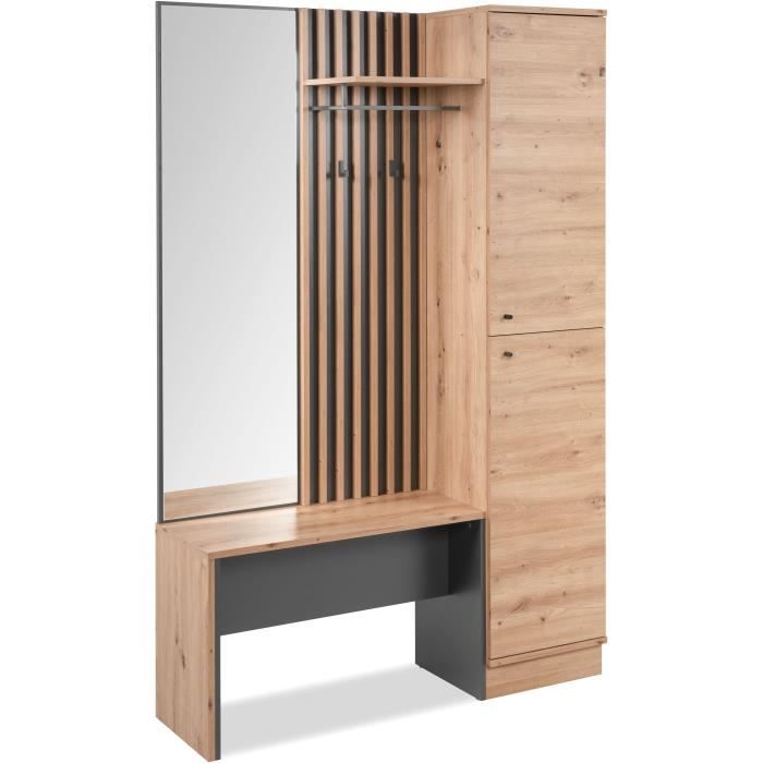 Vestiaire d'entrée avec miroir, banc et porte - Décor Chene artisan et gris anthracite - L122 x P37 x H190cm - Style industriel
