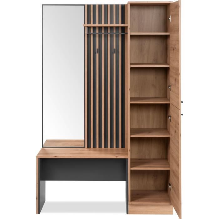 Vestiaire d'entrée avec miroir, banc et porte - Décor Chene artisan et gris anthracite - L122 x P37 x H190cm - Style industriel