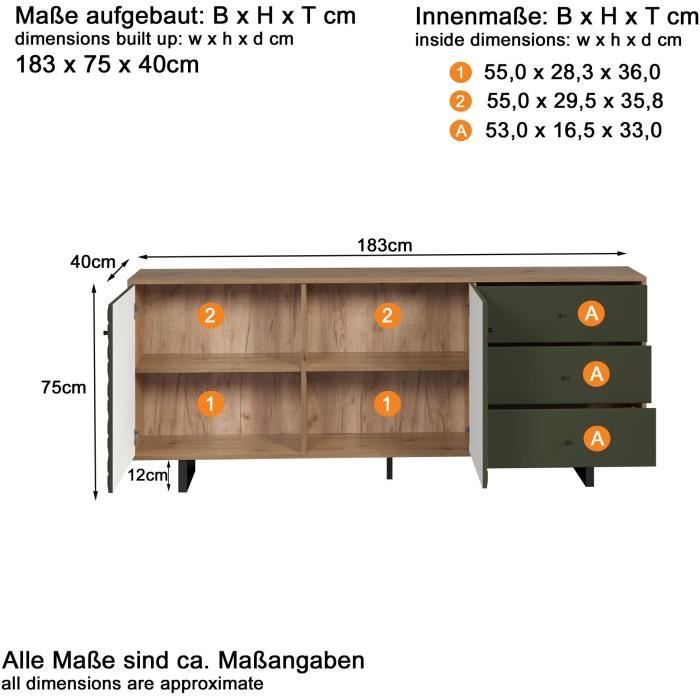 Buffet bas - SENTRA - Vert foncé - 2 portes, 3 tiroirs - 124 x 40 x 136 cm - TRENDTEAM