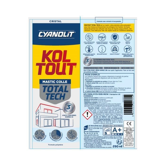Colle de fixation et d'étanchéité - CYANOLIT - Total tech - Cristal - Cartouche 290 ml - Transparent - Multi-matériaux et flexible