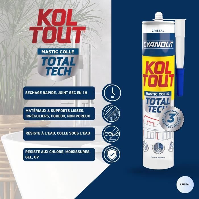 Colle de fixation et d'étanchéité - CYANOLIT - Total tech - Cristal - Cartouche 290 ml - Transparent - Multi-matériaux et flexible