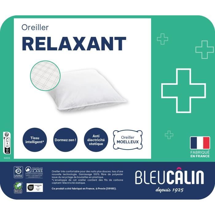 Oreiller relaxant - 60 x 60 cm - Moelleux - BLEU CALIN - Blanc