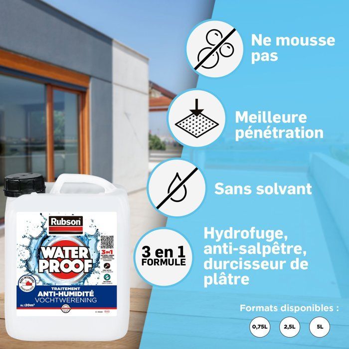 Revetement d'étanchéité - RUBSON - Waterproof - Traitement murs humides - Murs intérieurs - Incolore - Bidon de 2,5L