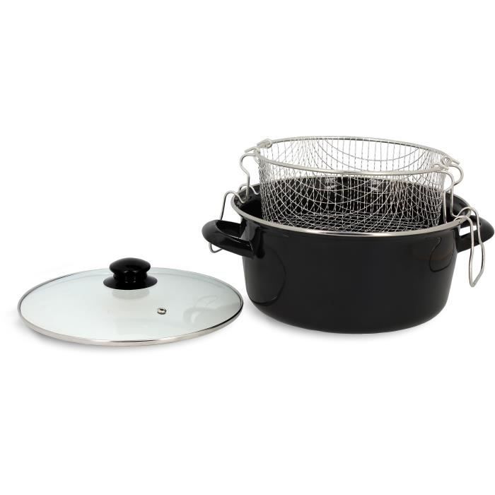 Friteuse - MENASTYL - 3645580 - En acier émaillé - Noir - 26 cm - Avec couvercle et panier - Tous feux dont induction